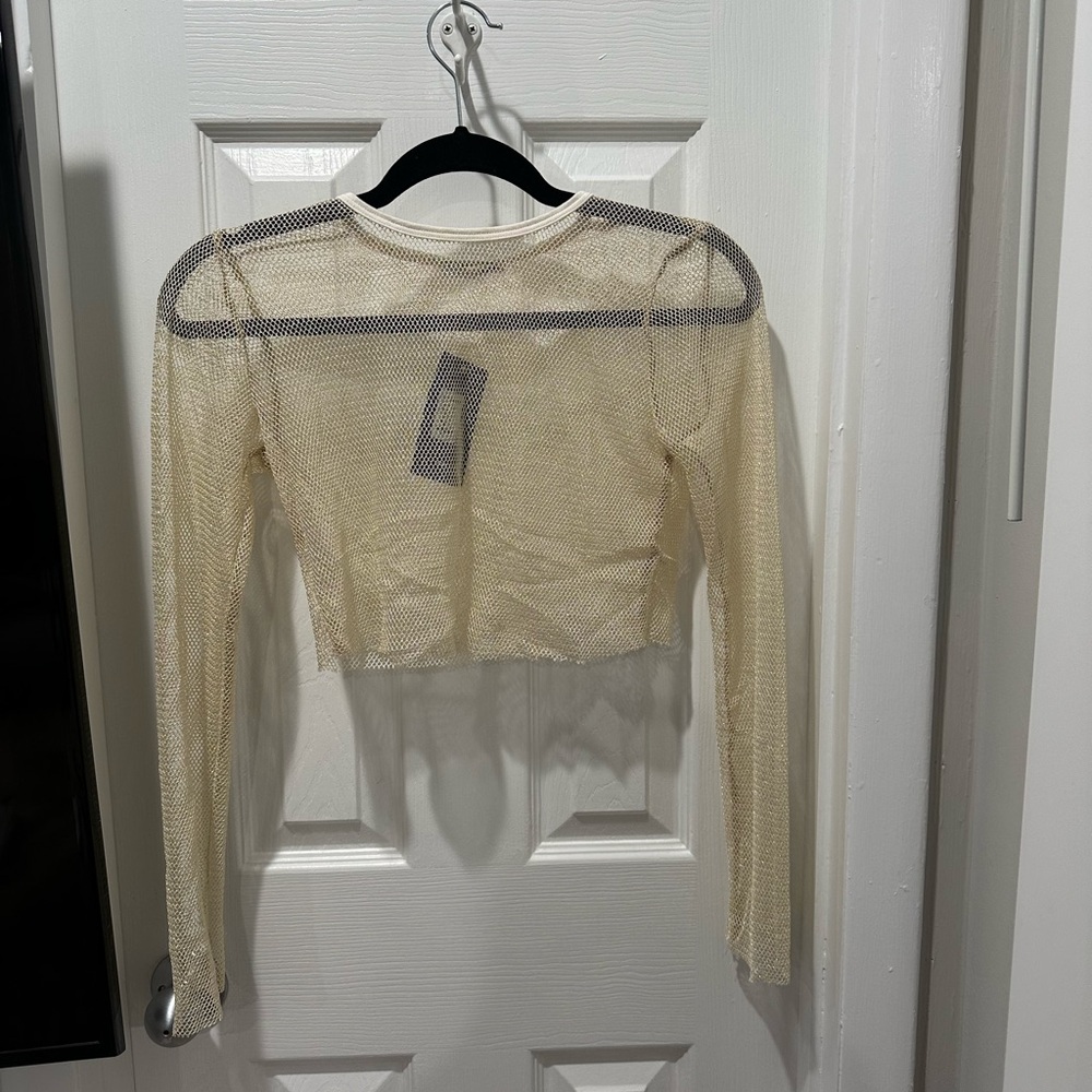 Fashion Nova Beige Mesh Long Sleeve Crop Top